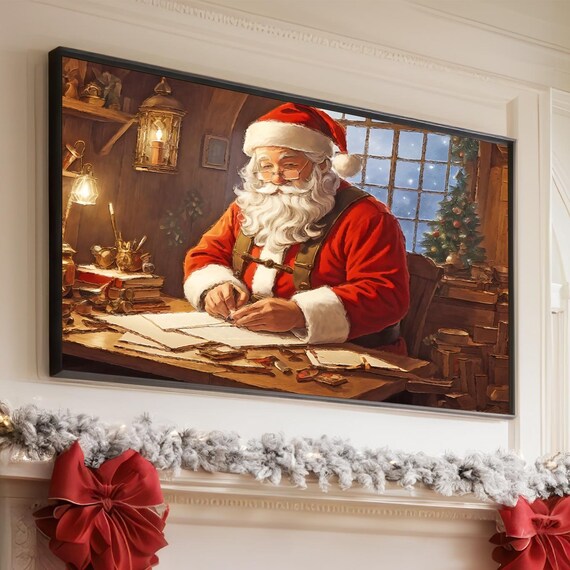 Santa Claus Writing Letters in His Workshop Vintage Christmas Wall Art