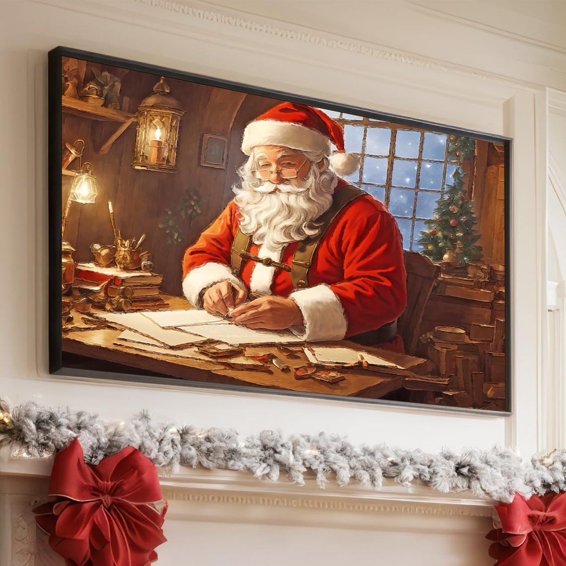 Santa Claus Writing Letters in His Workshop Vintage Christmas Wall Art