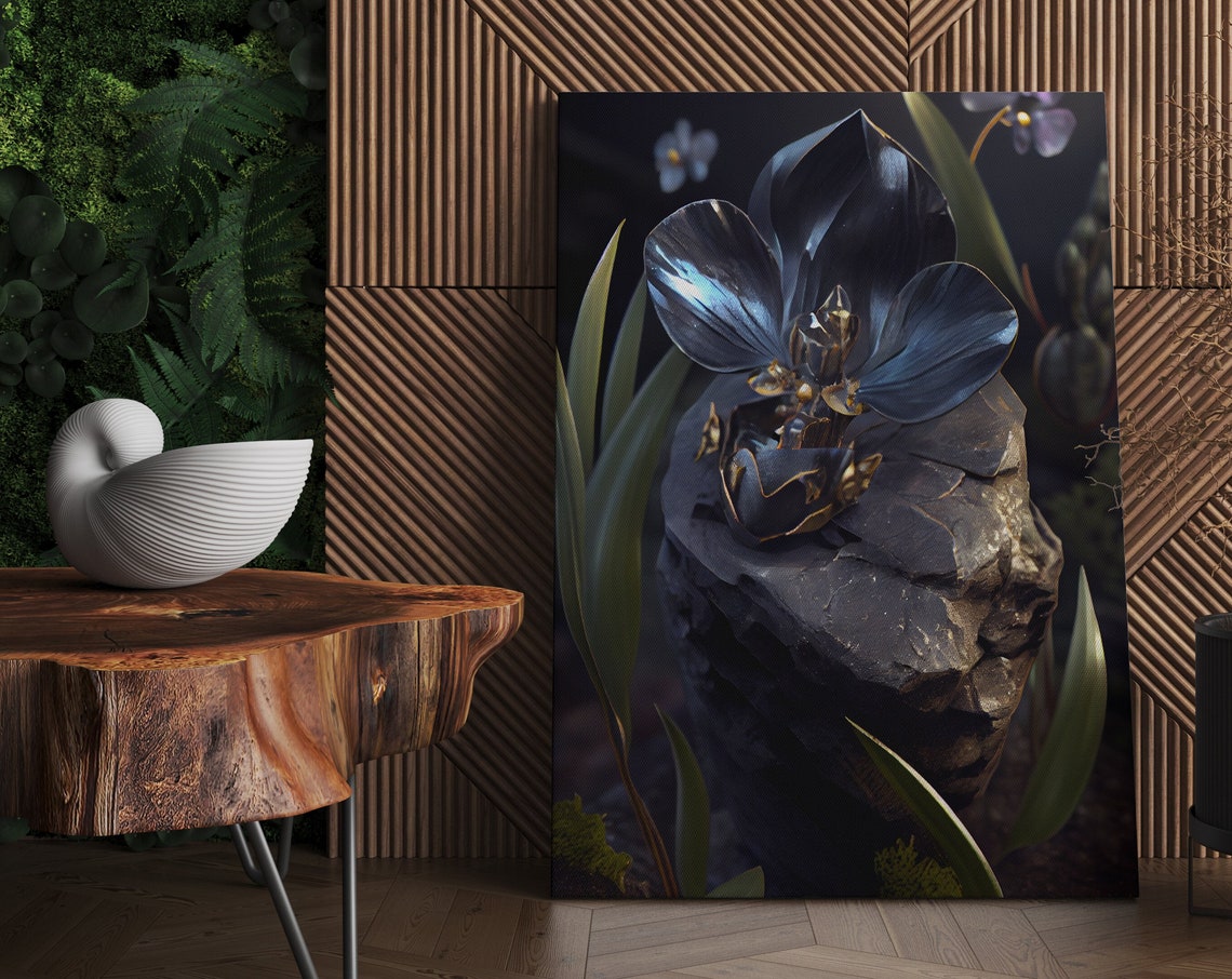 Black Orchid Flower On Dark Stone Moody Botanical Wall Poster