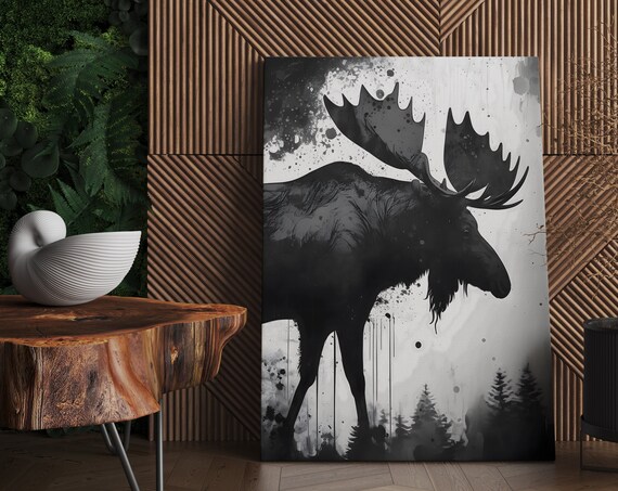 Moose Silhouette Ink Painting Poster Black And White Wildlife Forest Art