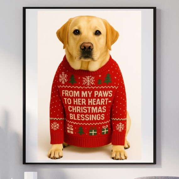 Yellow Labrador Christmas Sweater From My Paws To Her Heart Dog Poster