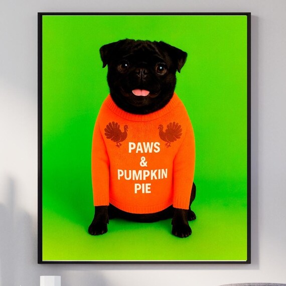Paws Pumpkin Pie Pug Wall Art Funny Dog Thanksgiving Decor Black Lover Gift Fall Pet Print Instant