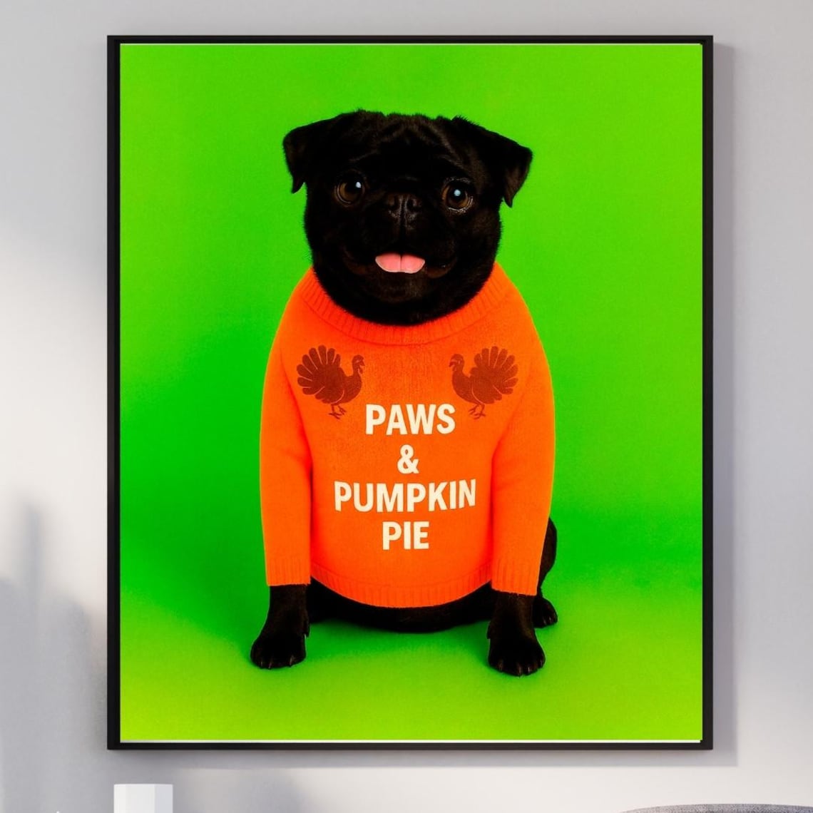 Paws and Pumpkin Pie Black Pug Funny Thanksgiving Dog Sweater Poster