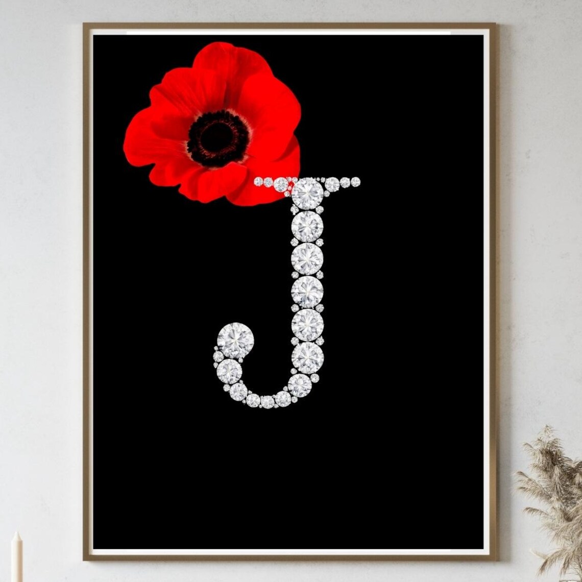Diamond Letter J Poster, Red Flower Monogram