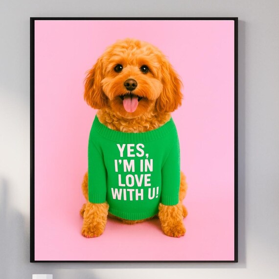 Cavapoo Love Funny Dog Wall Art Green Sweater Valentine Pet Gift Decor