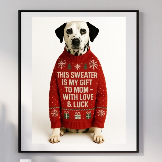 Dalmatian Dog Christmas Wall Art Funny Red Sweater Gift For Mom Cute Pet Lover Decor Portrait