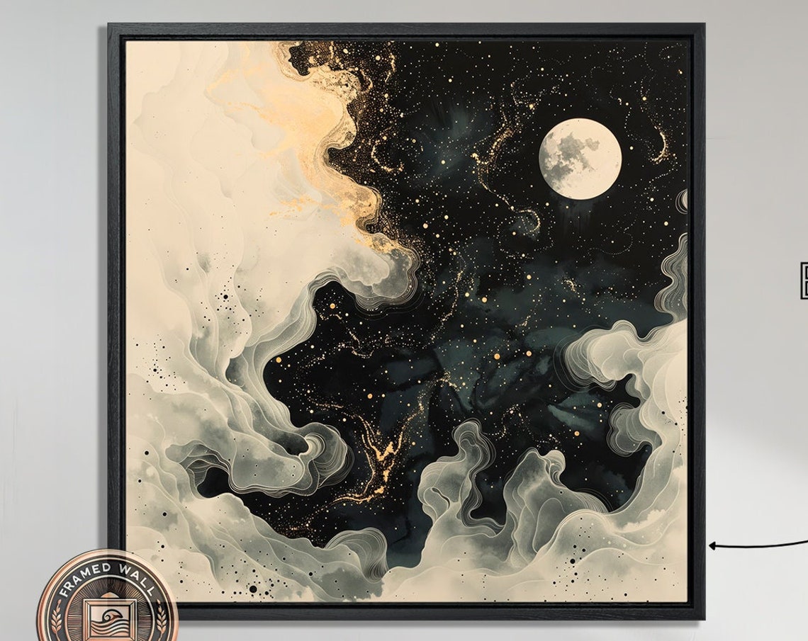 Full Moon And Stars Amidst Swirling Clouds Framed Wall Art Celestial Abstract Framed Print Cloudy Night Sky Wall Decor Ready To Hang