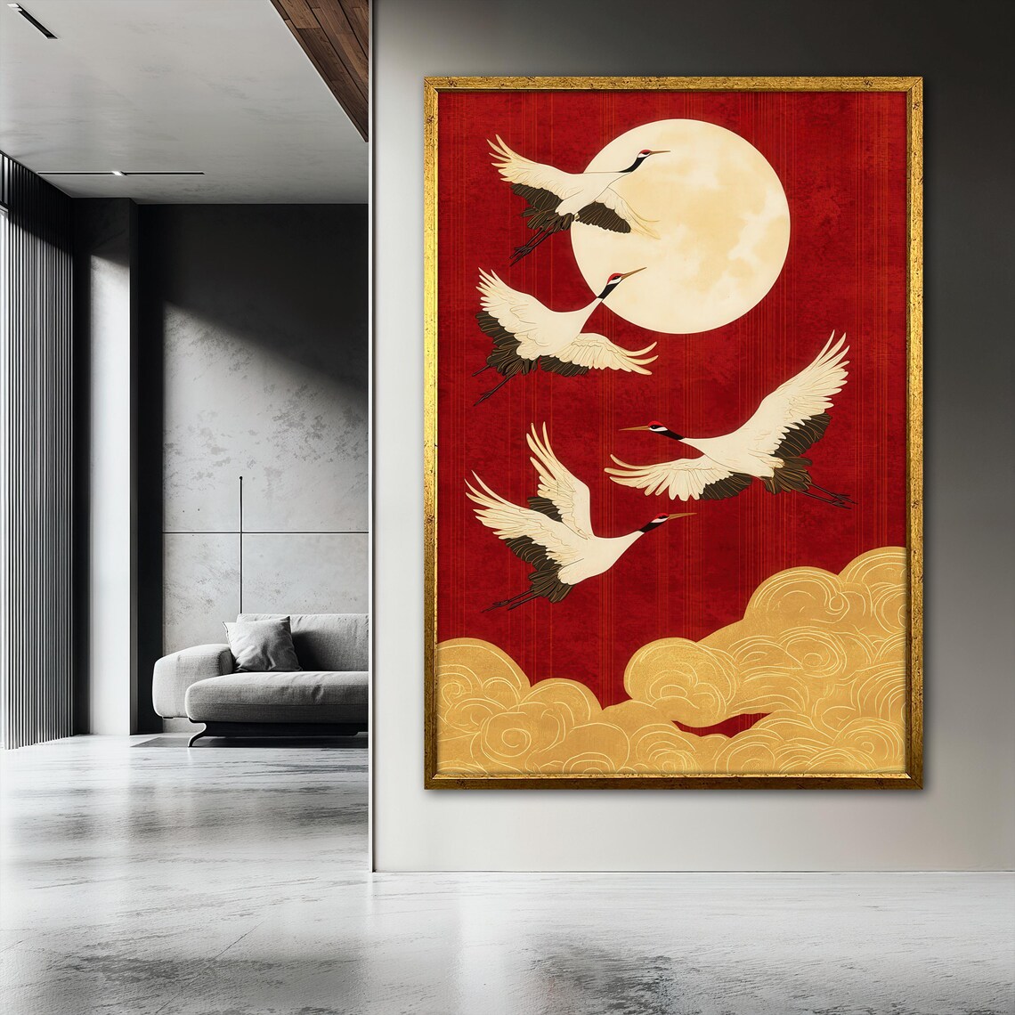 Japanese Crane, Red And Gold Moon Scene Art Print - Image 3