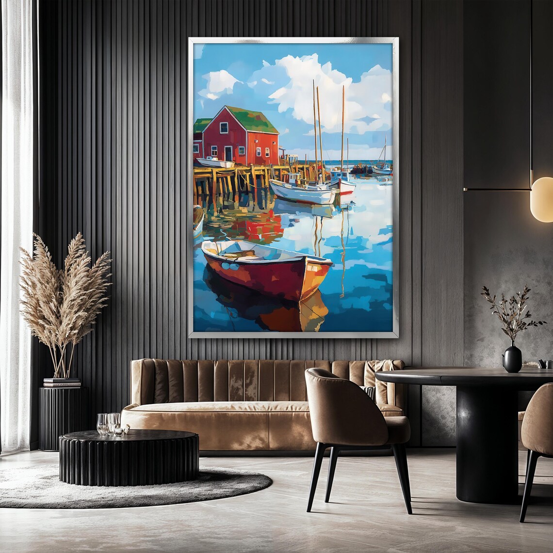 Boats and Harbor Scene, Coastal Painting - Image 2