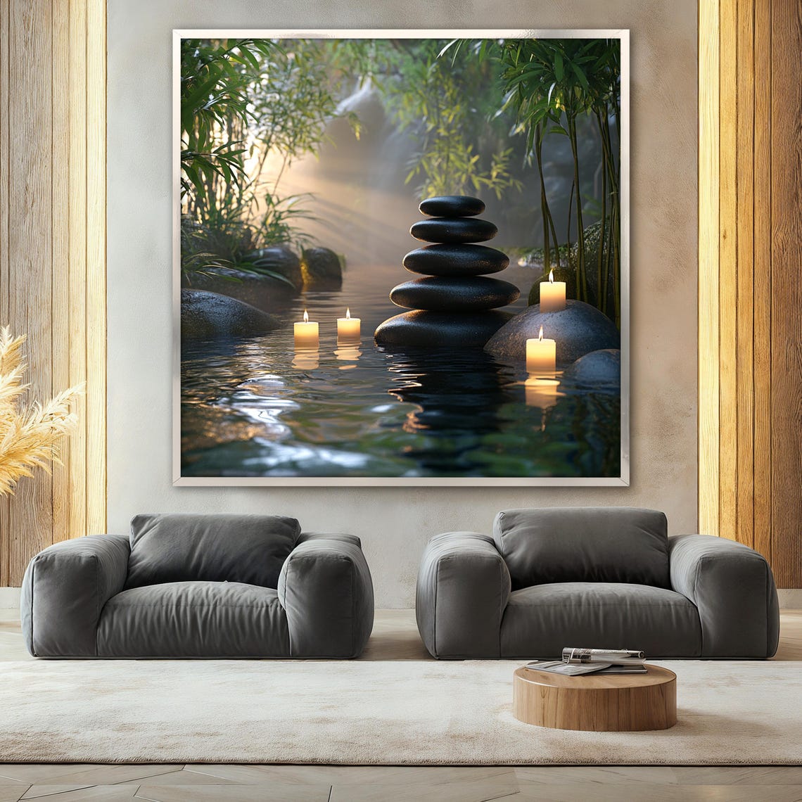 Zen Candlelight Painting, Tranquil Bamboo And Stones Art Print - Image 2