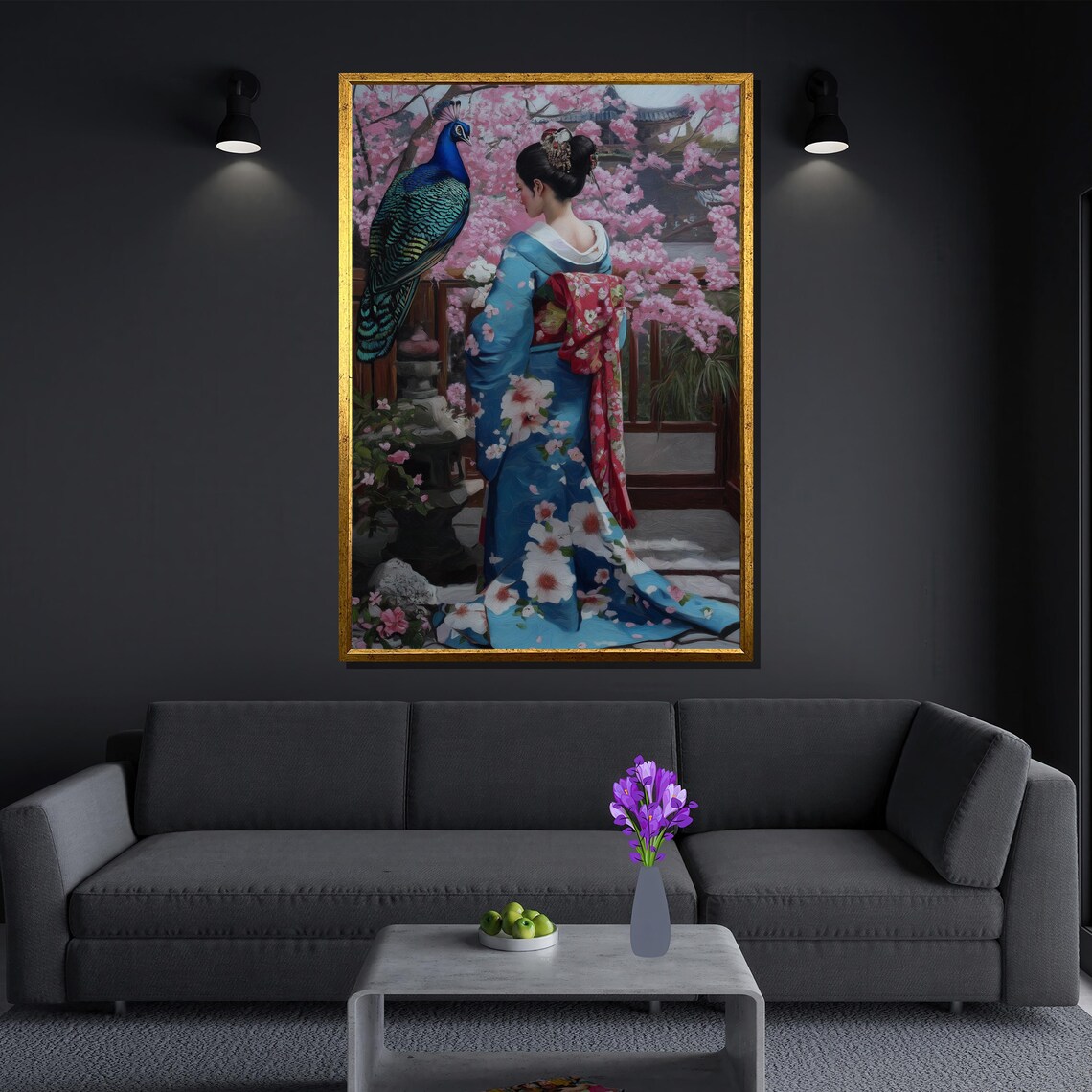 Japanese Woman In Blue Kimono, Peacock And Cherry Blossom Art Print - Image 3