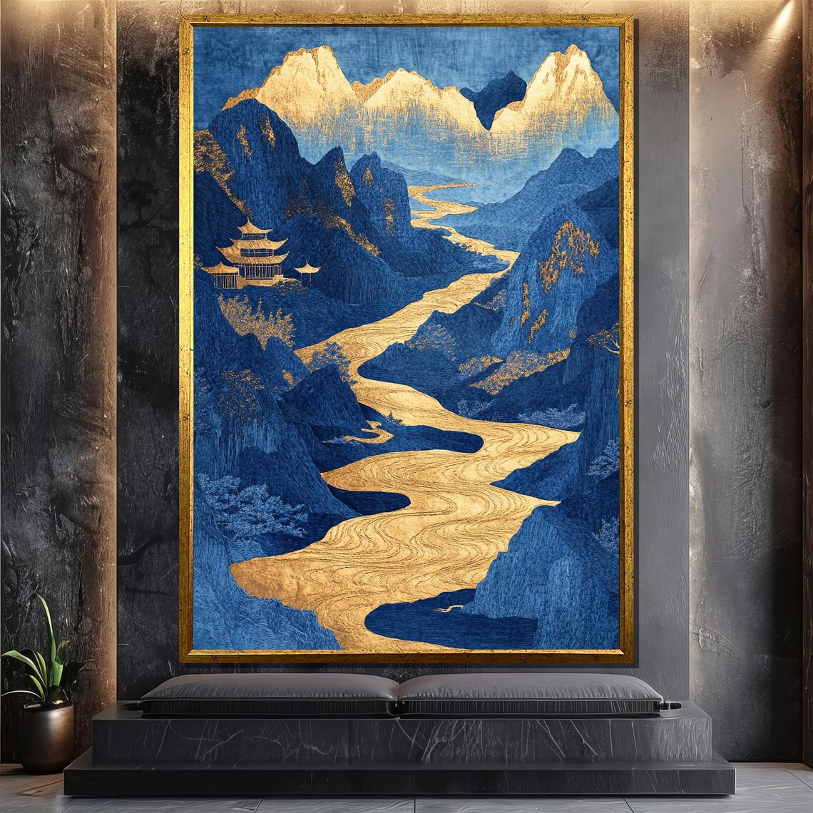Japanese Landscape Painting, Serene River And Mountain Art