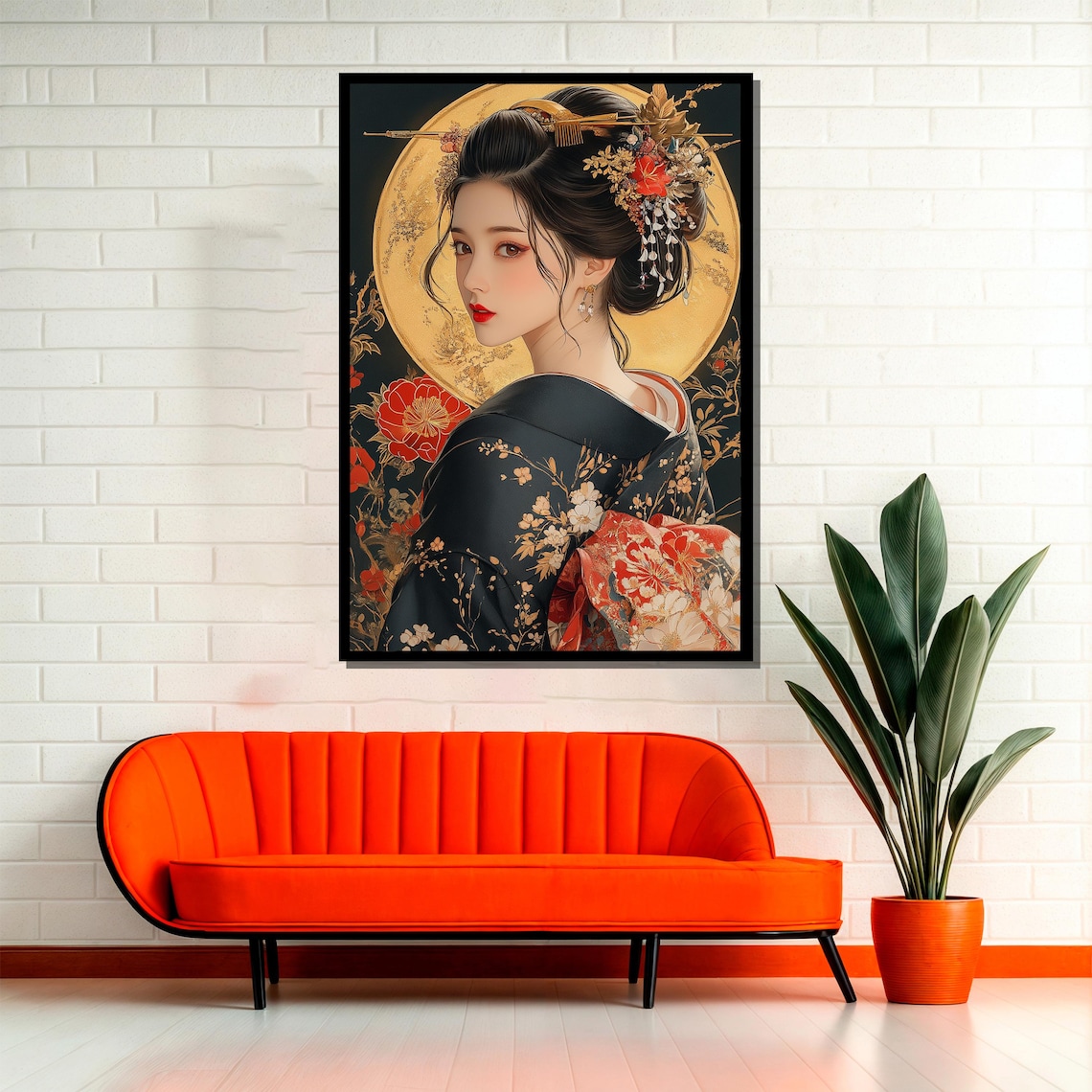 Japanese Woman In Black Kimono, Elegant Portrait Art Print - Image 2