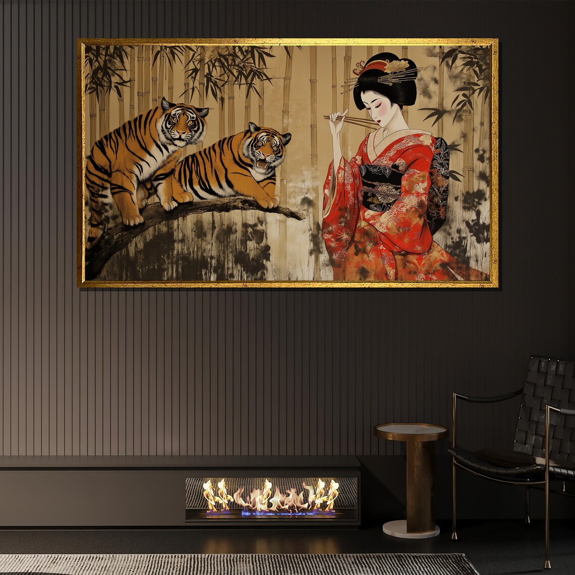Japanese Geisha And Tigers, Bamboo Forest Art Print