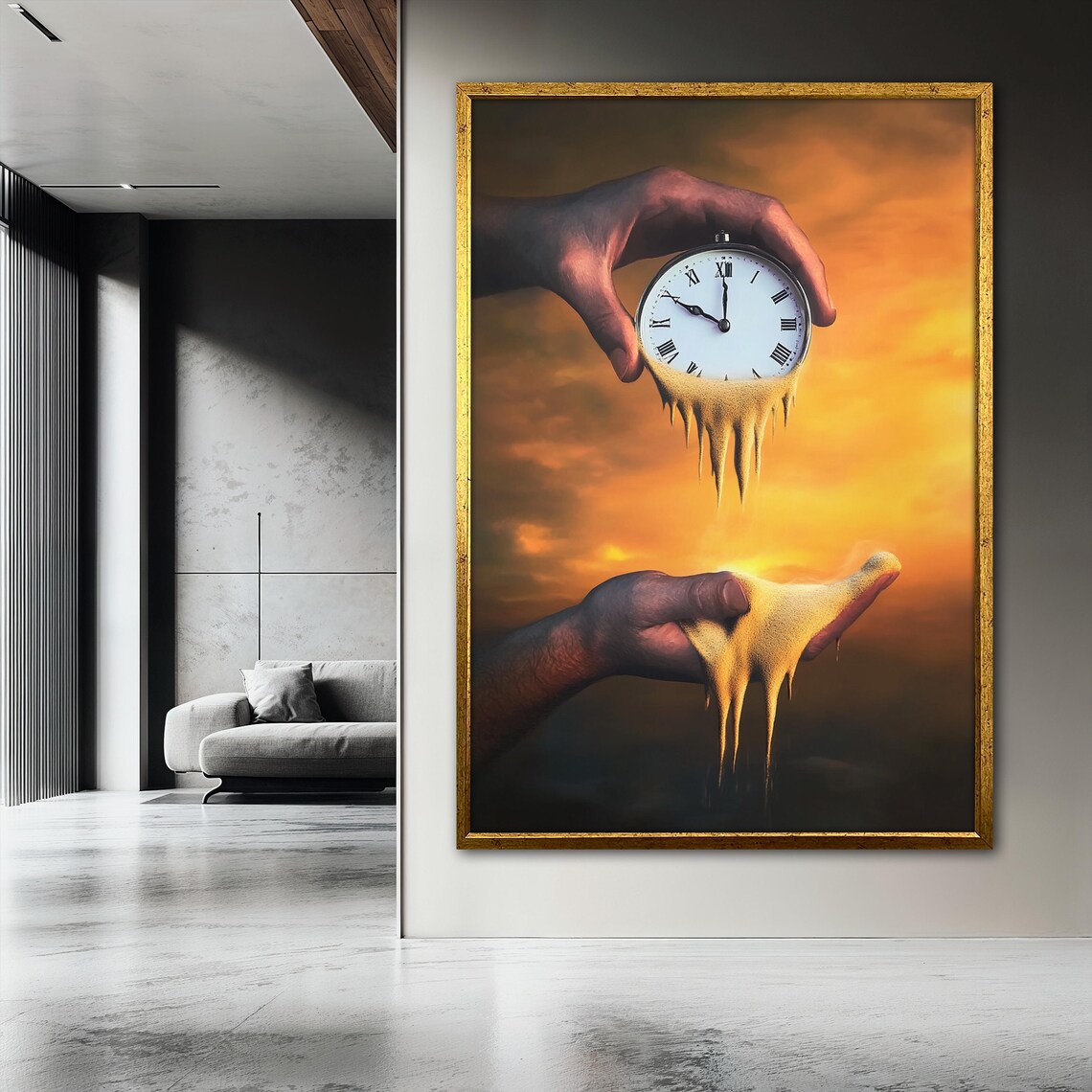 Dreamlike Surreal Melting Clock Dissolving Into Sand at Sunset Poster - Image 3