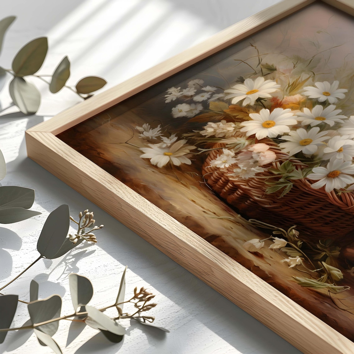 White Daisies in Wicker Basket Vintage Floral Still Life Painting Poster - Image 2
