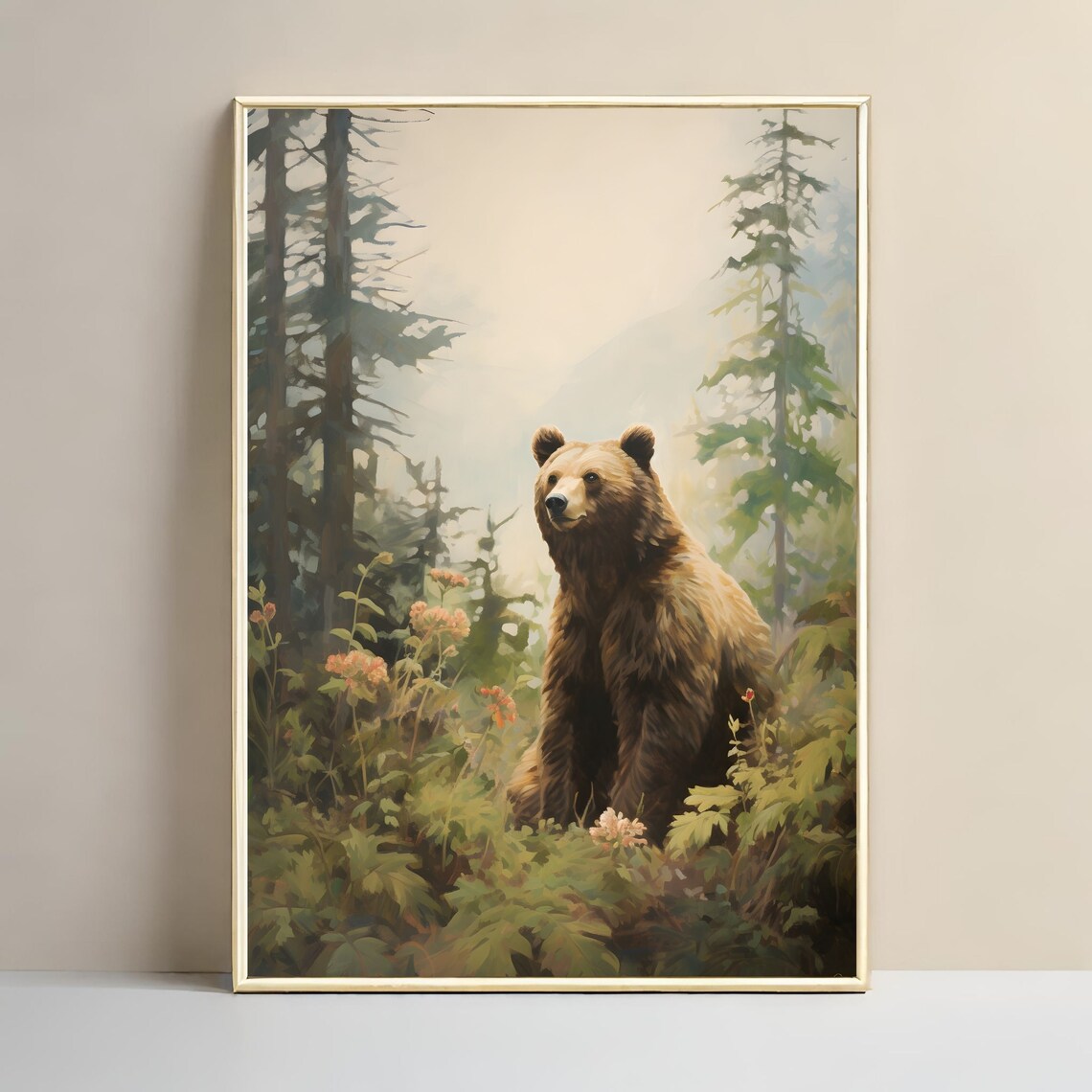 Brown Bear in Pine Forest Wildflower Meadow Oil Painting Poster - Image 3