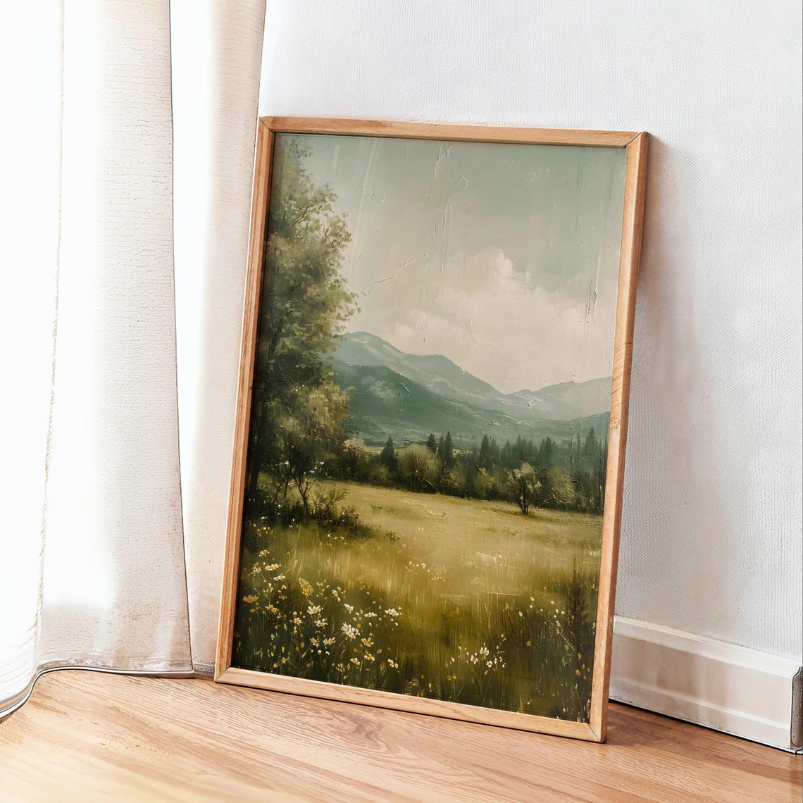 Misty Green Valley Mountain Meadow Vintage Landscape Wall Art - Image 3