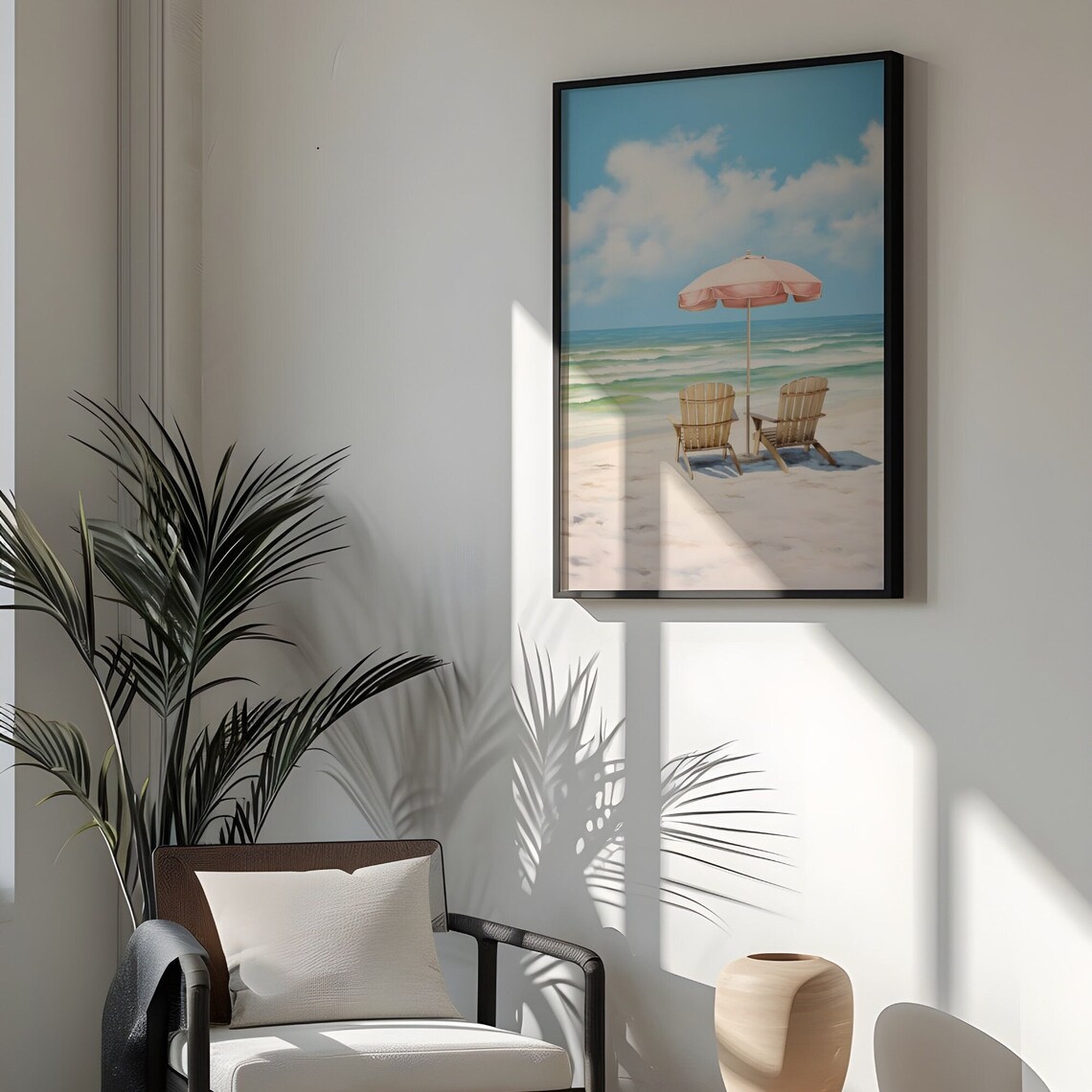 Pink Beach Umbrella and Chairs on a Sunny Tropical Shore Painting Poster - Image 2