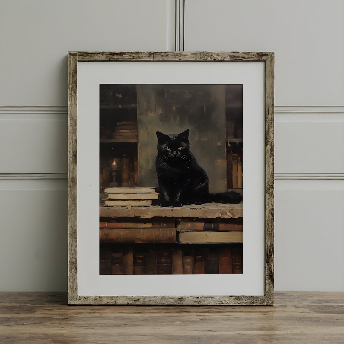 Black Cat Library Books Vintage Halloween Witchy Cat Art Poster - Image 3