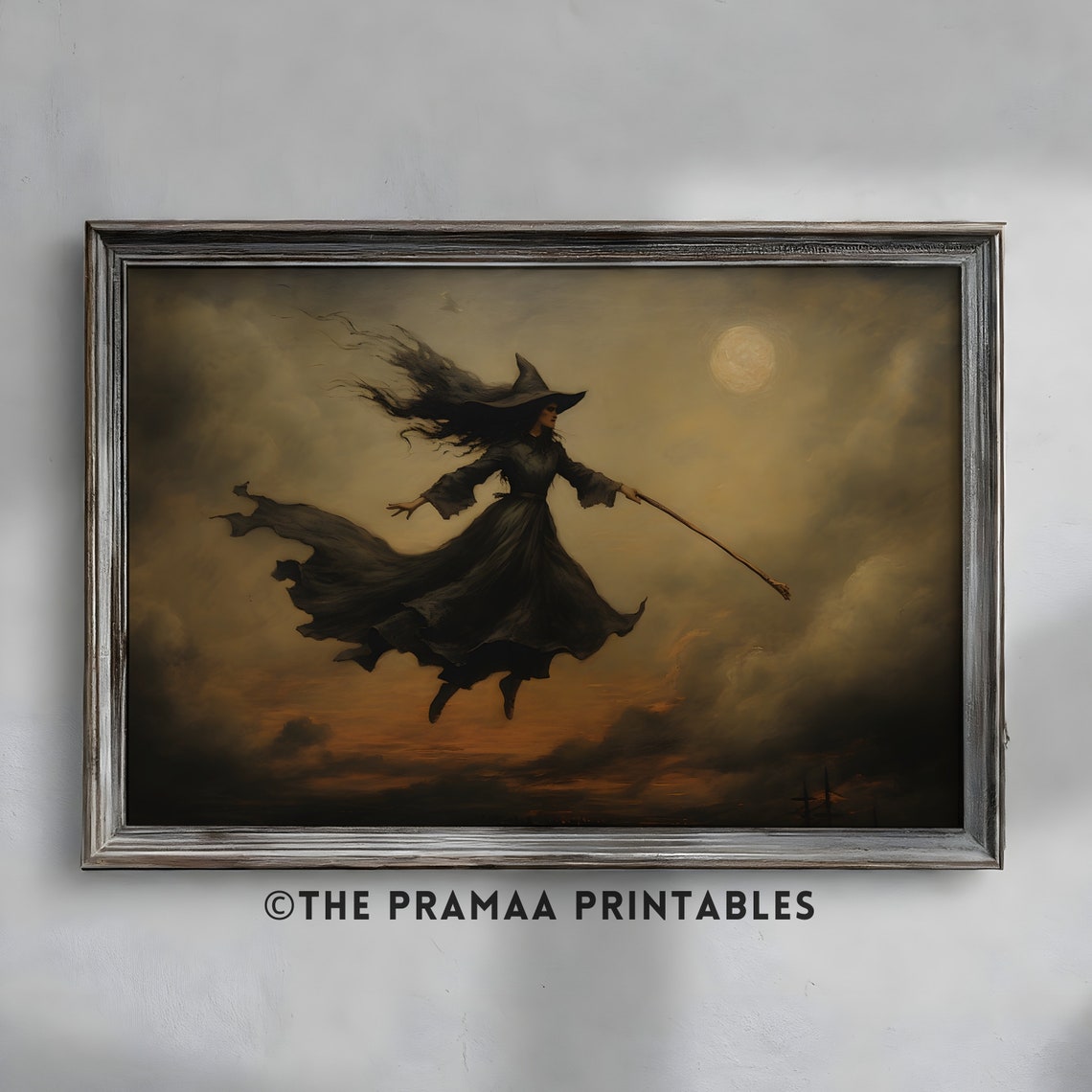 Witch Flying Broomstick Across Moonlit Cloudy Night Sky Poster