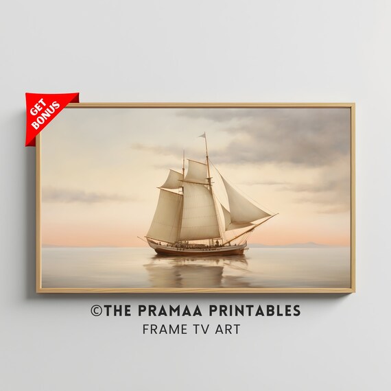 Sailboat on Calm Sea at Sunset Vintage Nautical Painting Poster