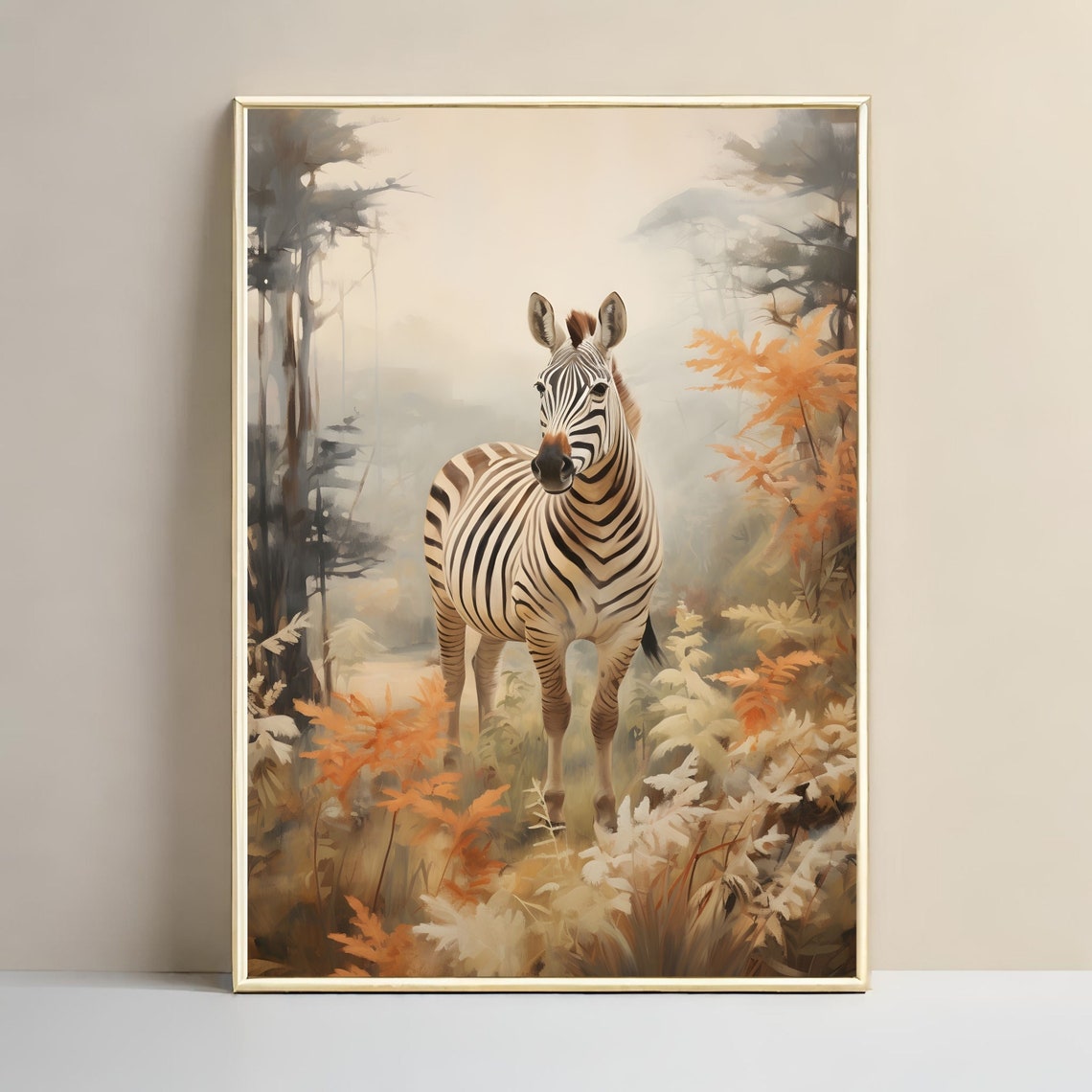 Zebra Standing in a Misty Autumn Forest Vintage Wildlife Poster - Image 3