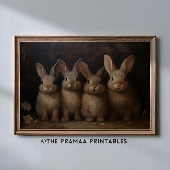 Four Baby Bunnies in a Row Moody Vintage Rabbit Portrait Poster