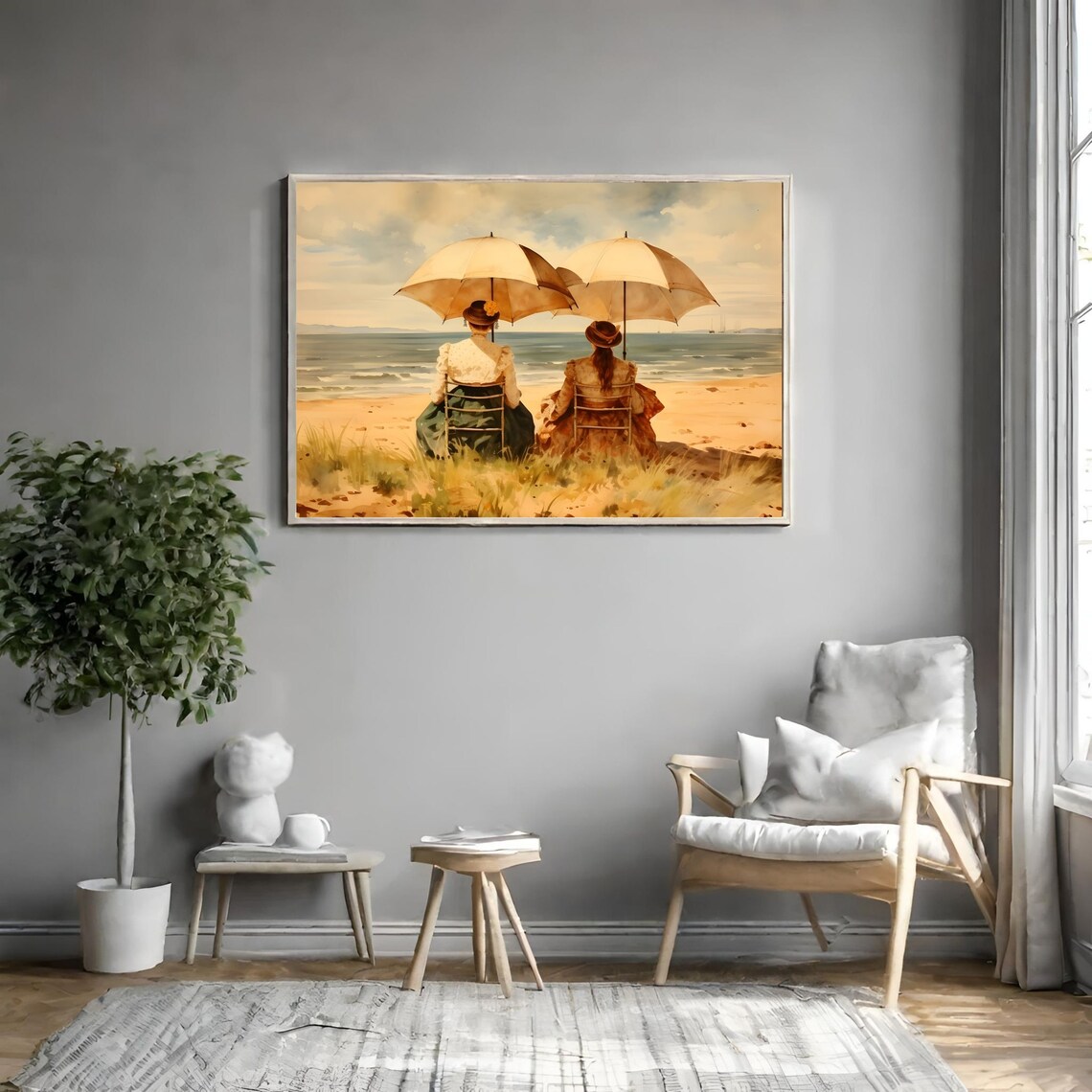 Women On Beach Antique Painting Vintage Seaside Nautical Seascape Summer Print Coastal Wall Art Victorian Woman Portrait - Image 3