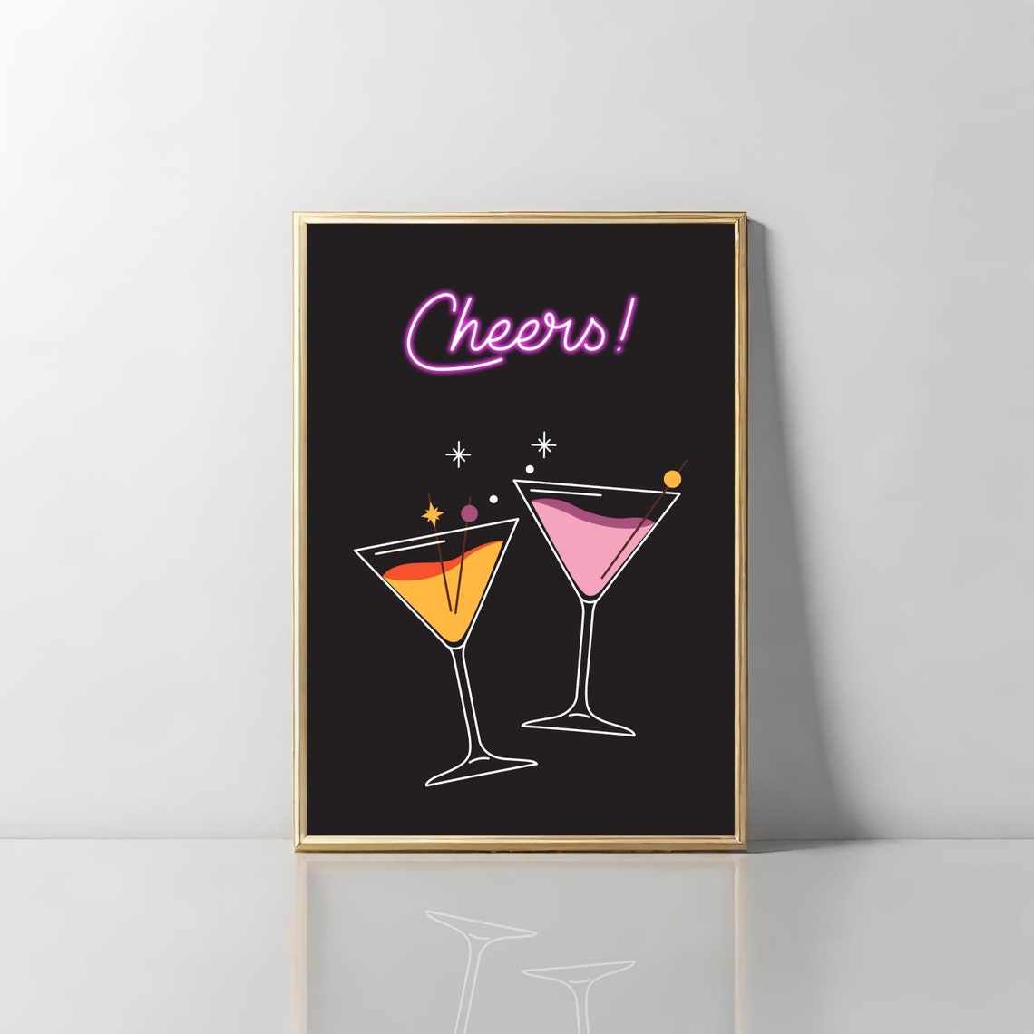 Cheers Neon Sign Cocktail Bar Minimalist Black Kitchen Poster
