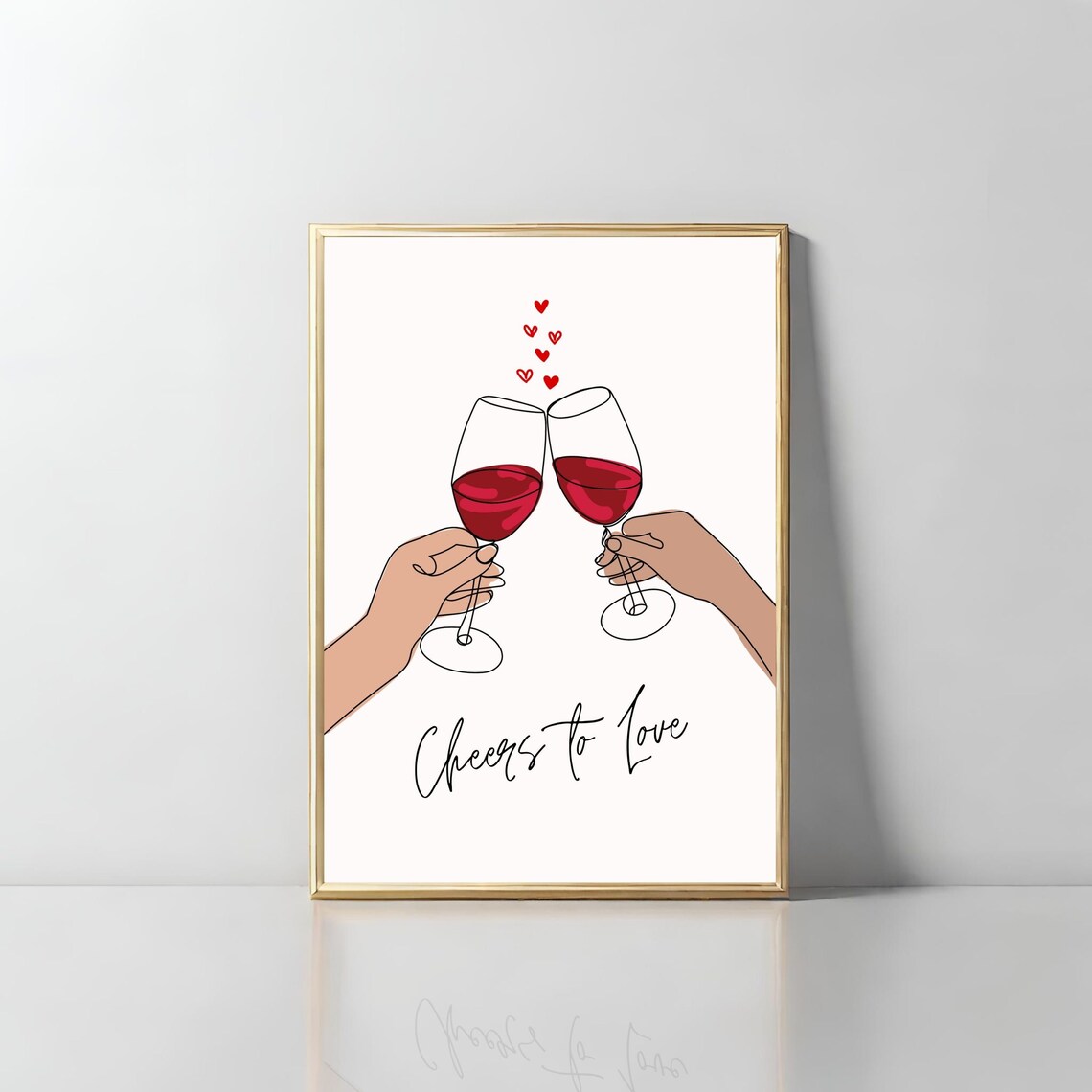 Cheers to Love Wine Glasses Minimalist Line Art Romance Poster