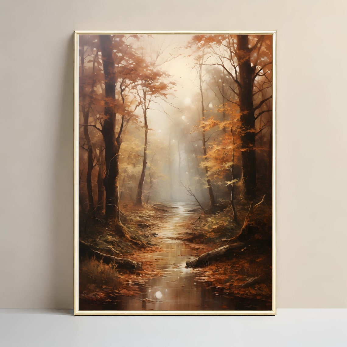 Autumn Forest Path with Stream Golden Fall Foliage Painting Poster - Image 3