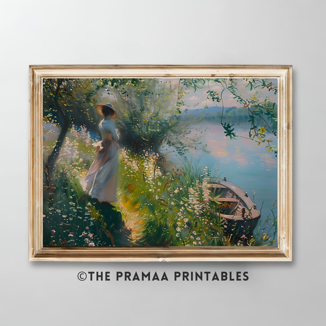 Woman in Straw Hat by River with Boat Vintage Impressionist Poster