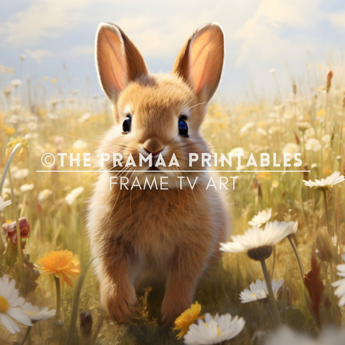 Cute Bunny in Daisy Field Vintage Spring Wildflower Meadow Poster - Image 2