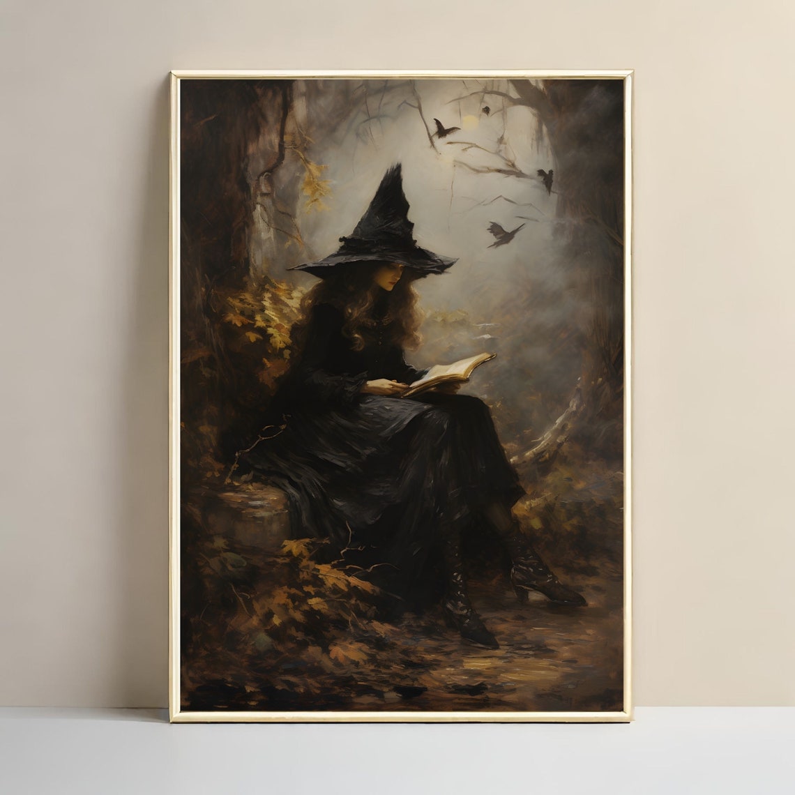 Witch Reading Book in Dark Autumn Forest Vintage Halloween Poster - Image 3