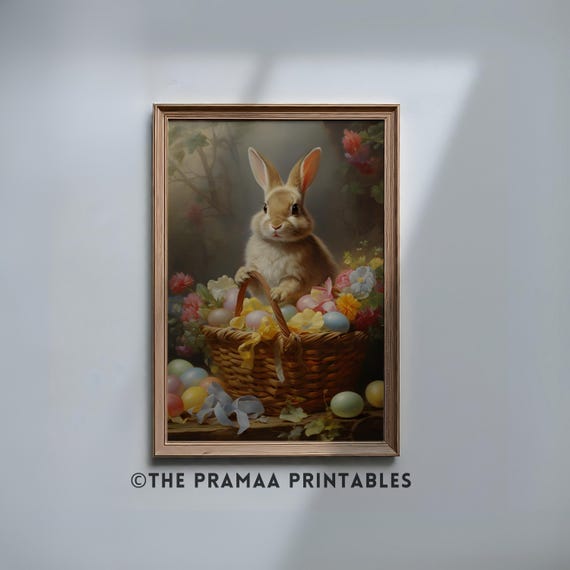 Easter Bunny Painting Spring Decor Cute Rabbit Art Print Woodland Nursery Wall Art Floral Basket Of Colorful Eggs Art Ew04