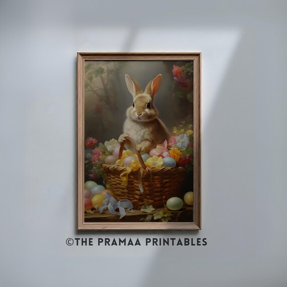 Easter Bunny With Basket Of Eggs Vintage Spring Painting Poster
