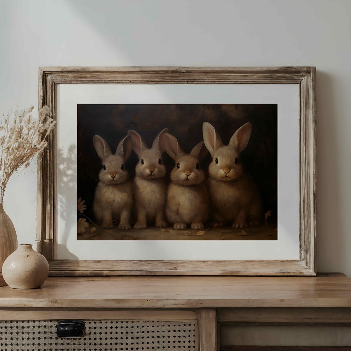 Four Baby Bunnies in a Row Moody Vintage Rabbit Portrait Poster - Image 3