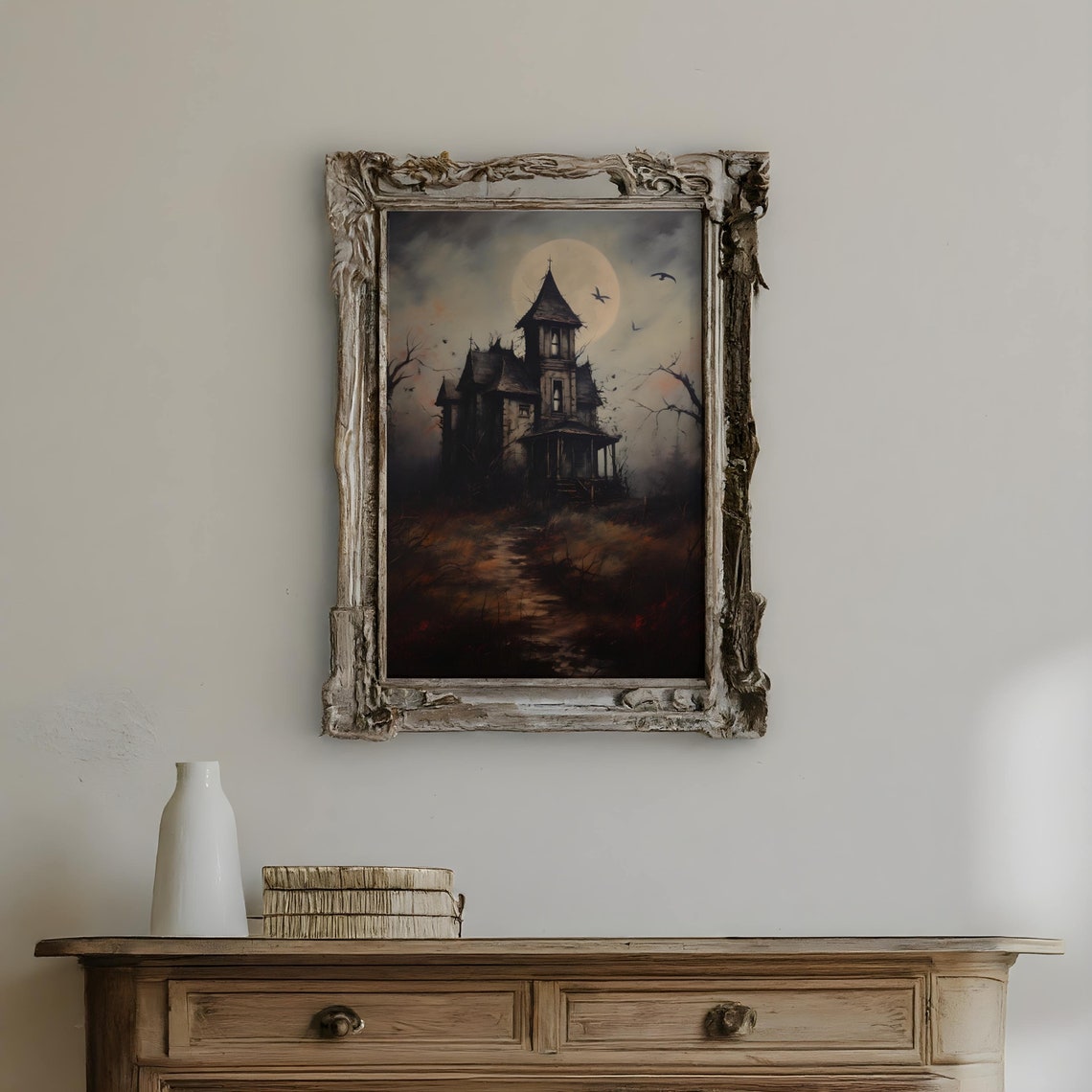 Haunted House Under Full Moon Vintage Spooky Painting Poster - Image 3