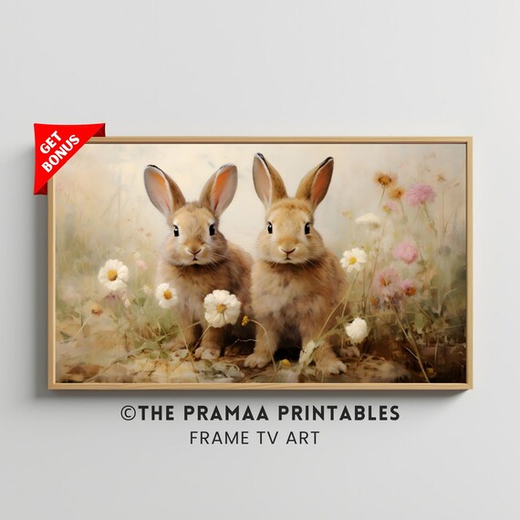 Two Brown Bunnies in Wildflower Meadow Vintage Spring Rabbit Poster