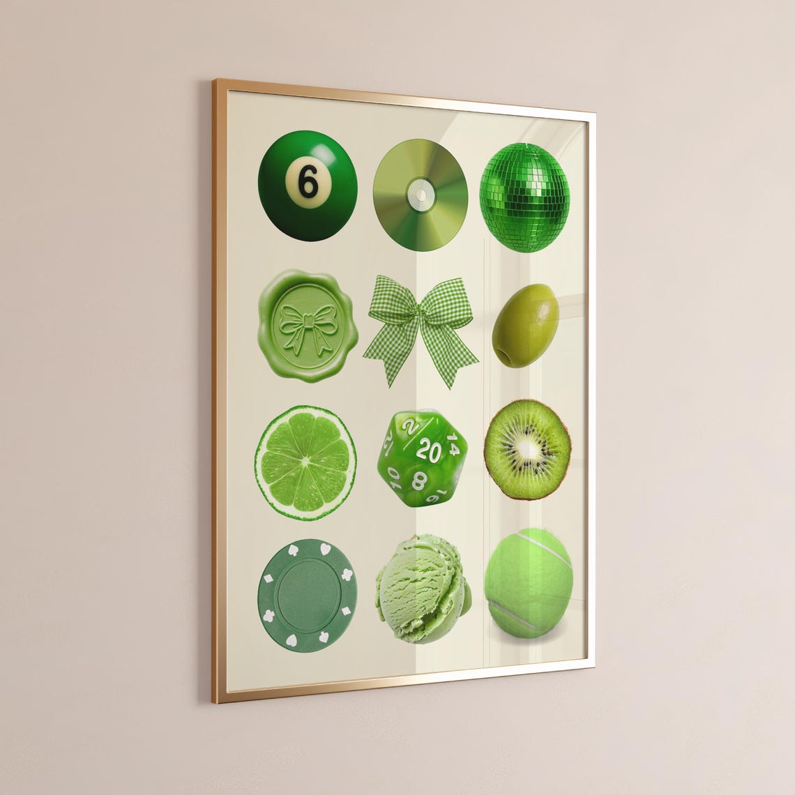 Green Monochrome Collage 6 Ball Disco Kiwi Retro Modern Wall Art
