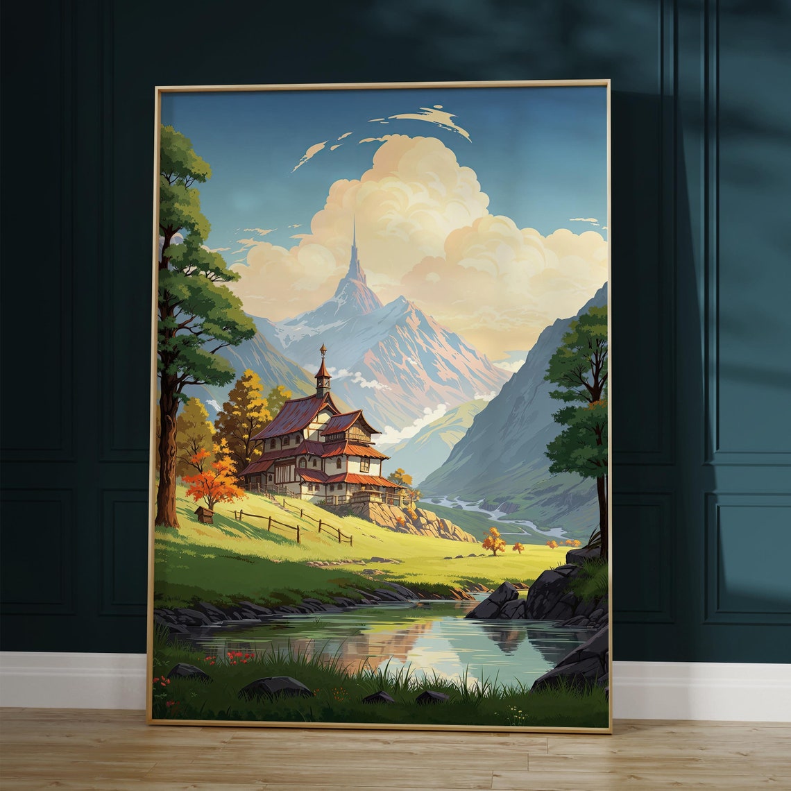 Anime Alpine House With Red Roof by a River Beneath Snowy Peaks Poster