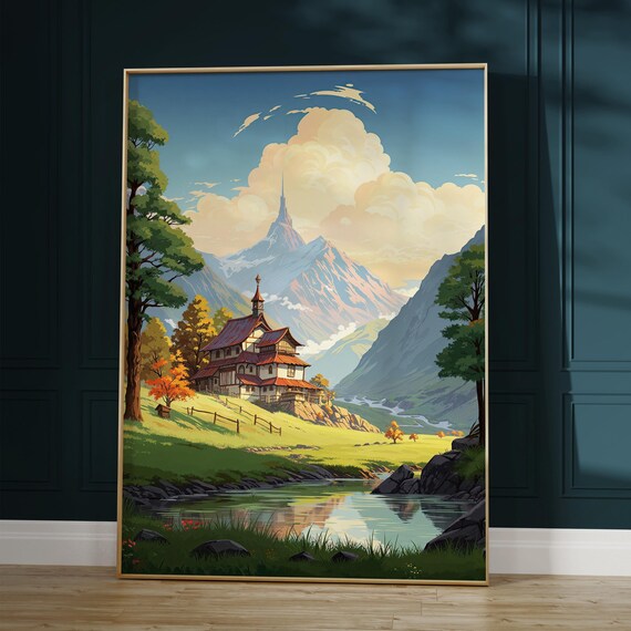 Anime Landscape Poster Vibrant Mountain Scenery With House By River Ideal For Aesthetic Room Decor Anime Lovers