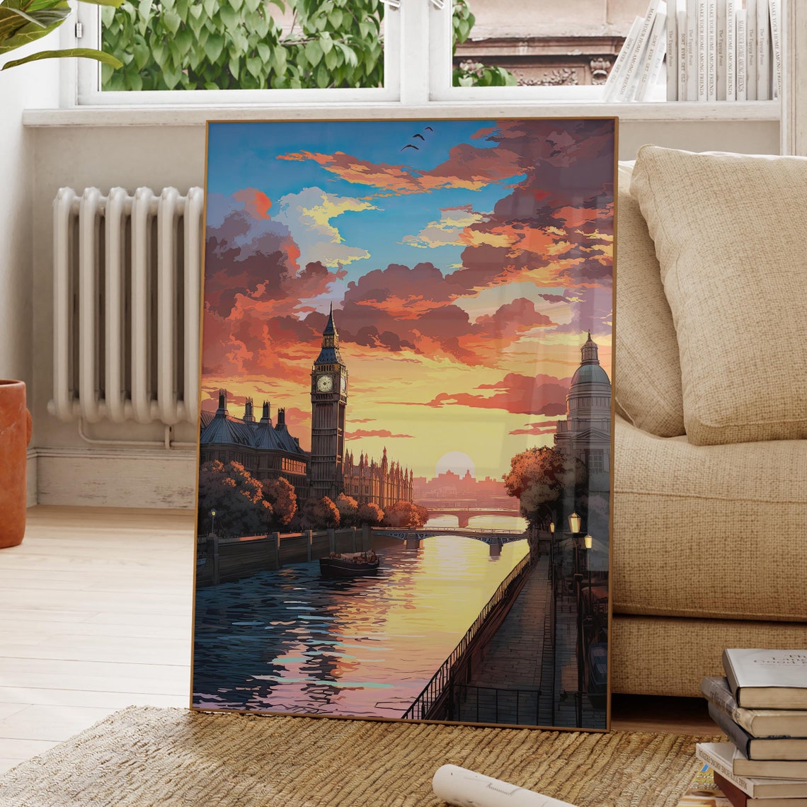 London Big Ben and Thames at Sunset With Fiery Clouds Poster