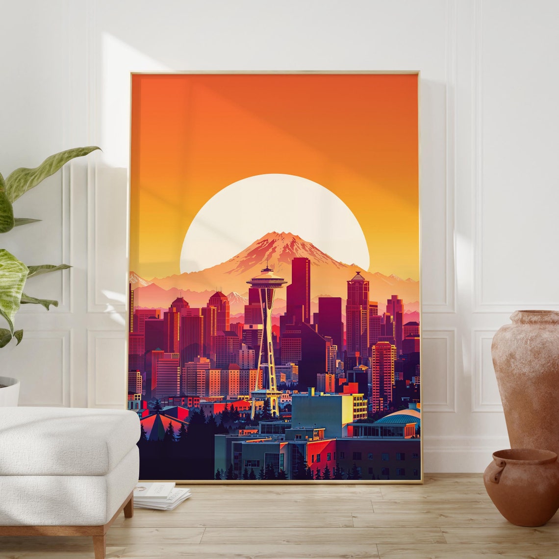 Seattle Skyline Sunset Poster with Space Needle and Mount Rainier Art - Image 2