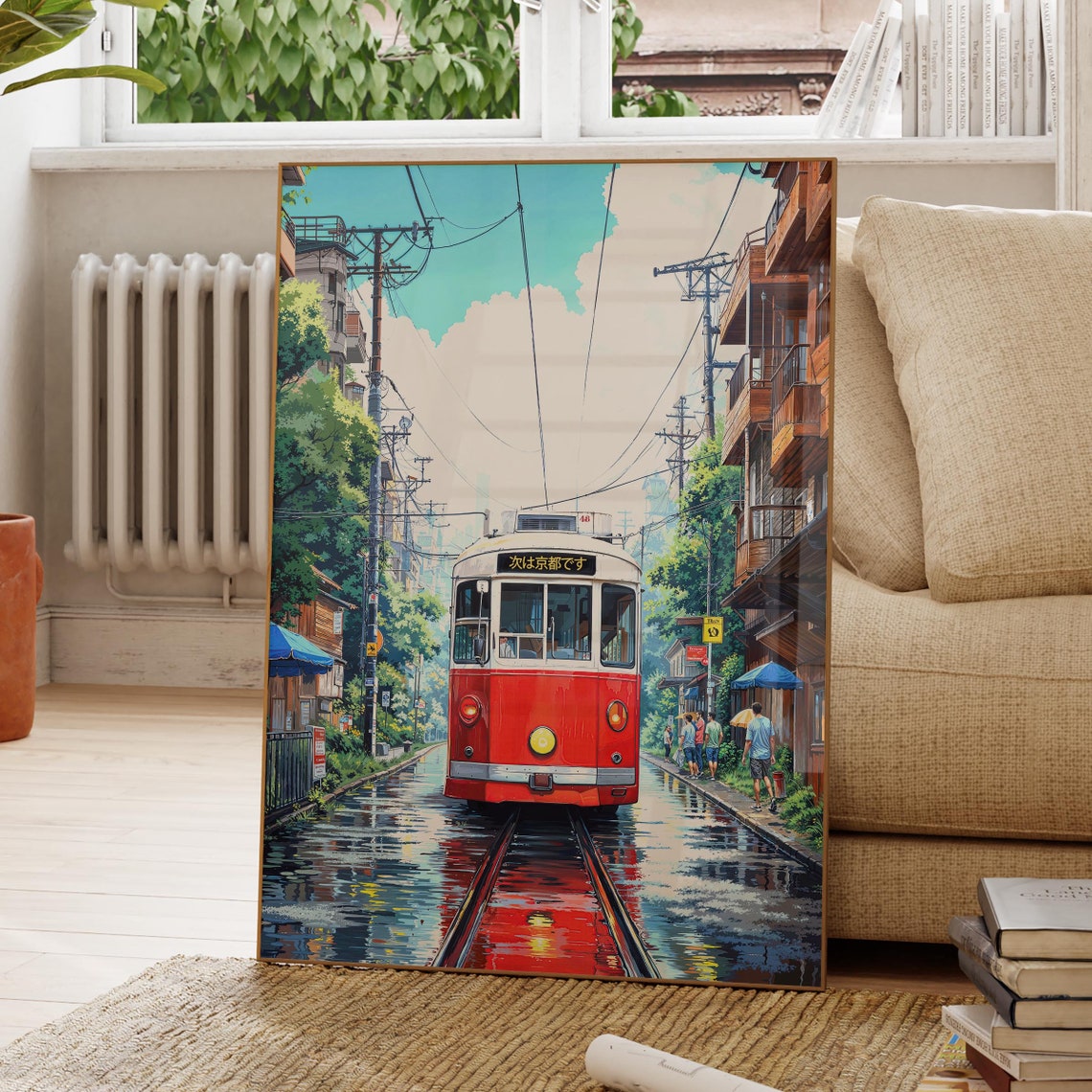 Vintage Red Kyoto Tram Rainy Street Anime Summer Clouds Poster - Image 3
