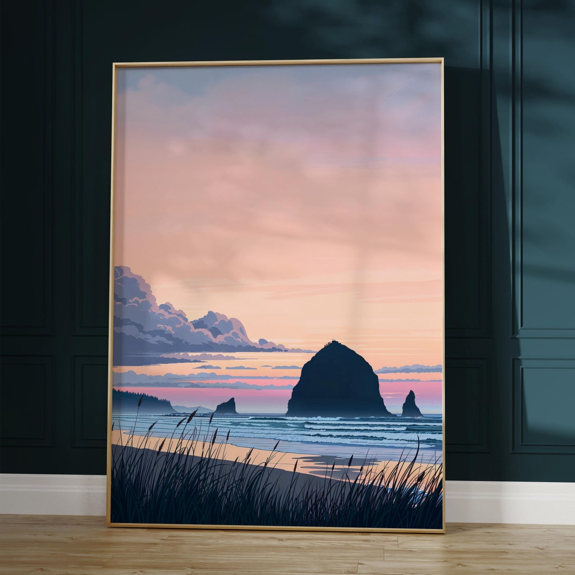 Pastel Beach Sunset Anime Poster with Sea Stacks and Ocean Waves