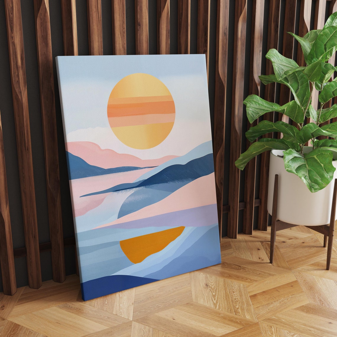 Abstract Sunrise Over Mountains Poster Blue Pink Boho Landscape Art - Image 2