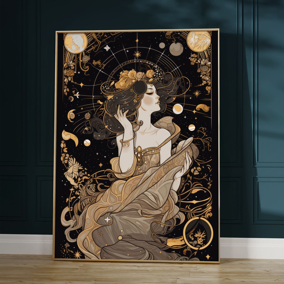 Celestial Zodiac Poster, Art Nouveau Dark Academia
