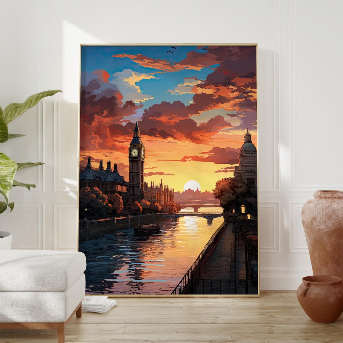 London Big Ben and Thames at Sunset With Fiery Clouds Poster - Image 2
